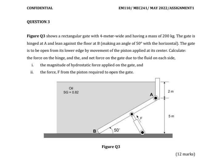 Confidential Em110 Mec241 May 2022 Assignment1 Question 3 Figure Q3 Shows A Rectangular Gate With 4 Meter Wide And Hav 1