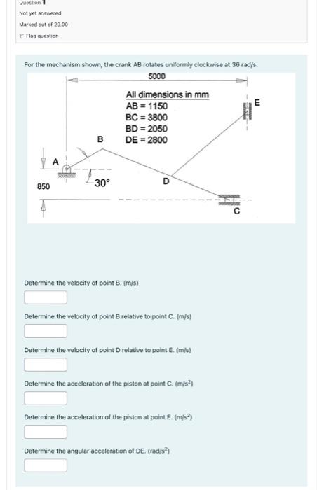 Question 1 Not Yet Answered Marked Out Of 20 00 Flag Question For The Mechanism Shown The Crank Ab Rotates Uniformly Cl 1