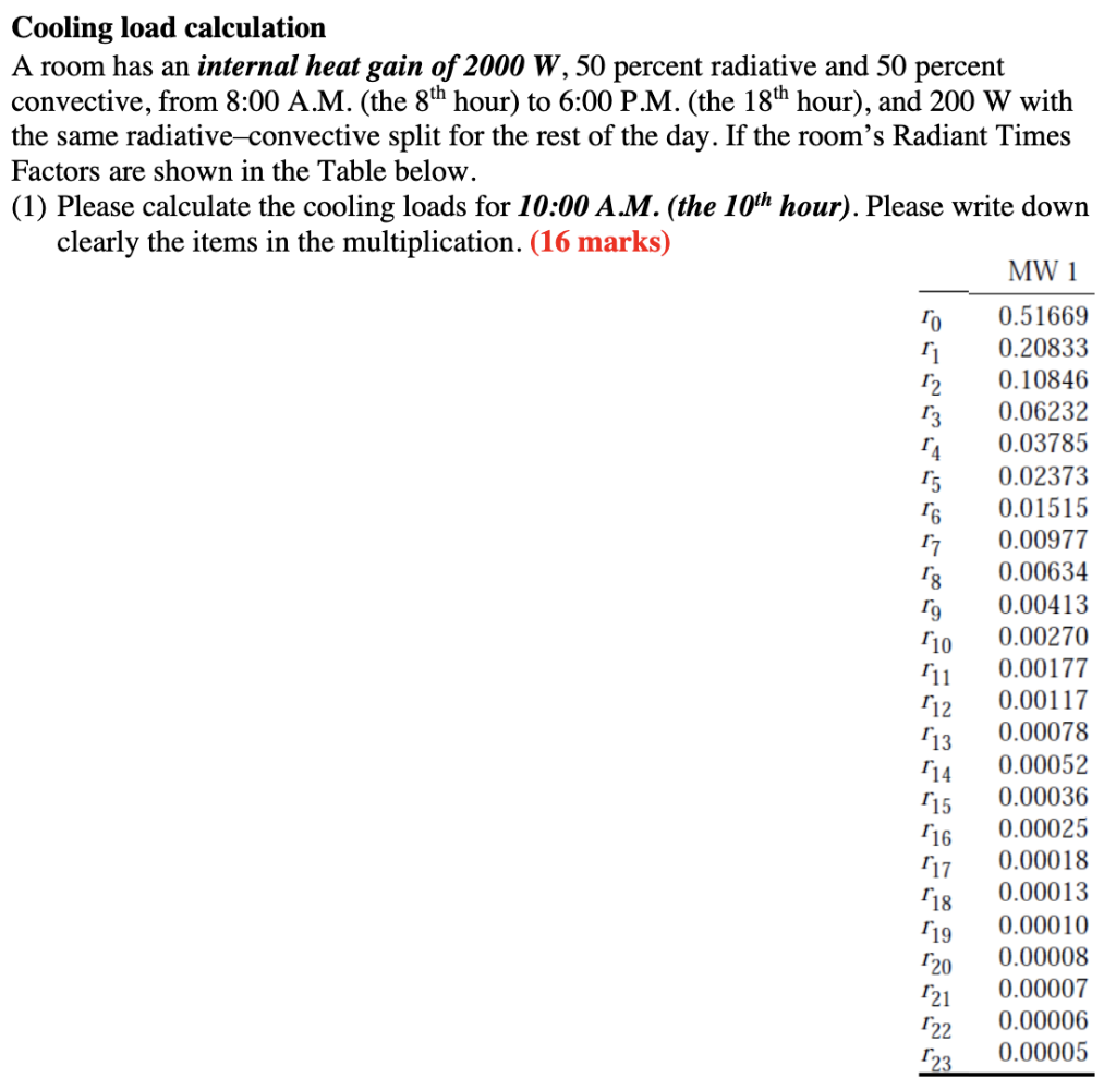 Cooling Load Calculation A Room Has An Internal Heat Gain Of 2000 W 50 Percent Radiative And 50 Percent Convective Fro 1
