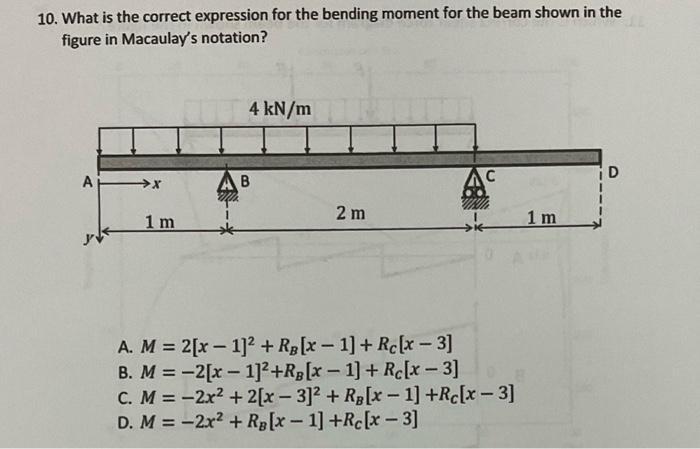 10 What Is The Correct Expression For The Bending Moment For The Beam Shown In The Figure In Macaulay S Notation 4 Kn 1
