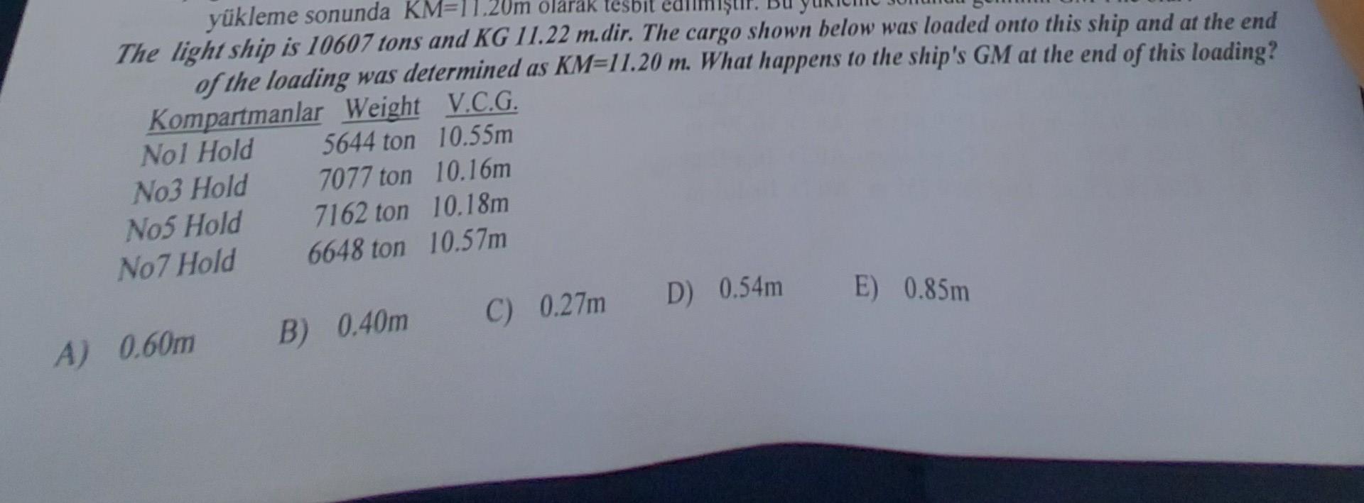 The Light Ship Is 10607 Tons And Kg 11 22 M Dir The Cargo Shown Below Was Loaded Onto This Ship And At The End Of The L 1