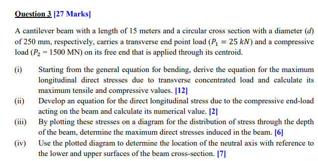 Question 3 27 Marks A Cantilever Beam With A Length Of 15 Meters And A Circular Cross Section With A Diameter D Of 2 1