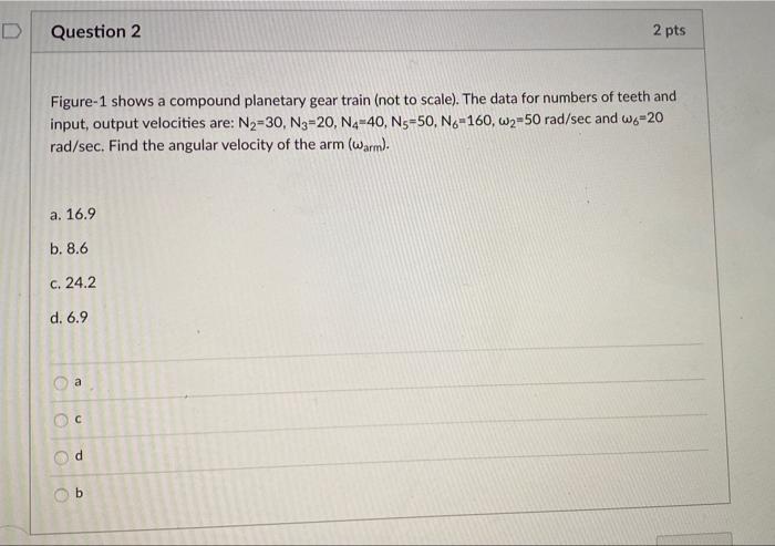 Question 2 2 Pts Figure 1 Shows A Compound Planetary Gear Train Not To Scale The Data For Numbers Of Teeth And Input 1