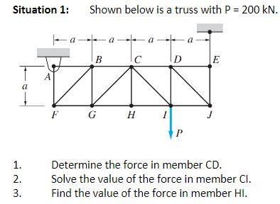 Situation 1 A 1 2 3 Shown Below Is A Truss With P 200 Kn A A A E B C D F G H P Determine The Force In Member Cd 1