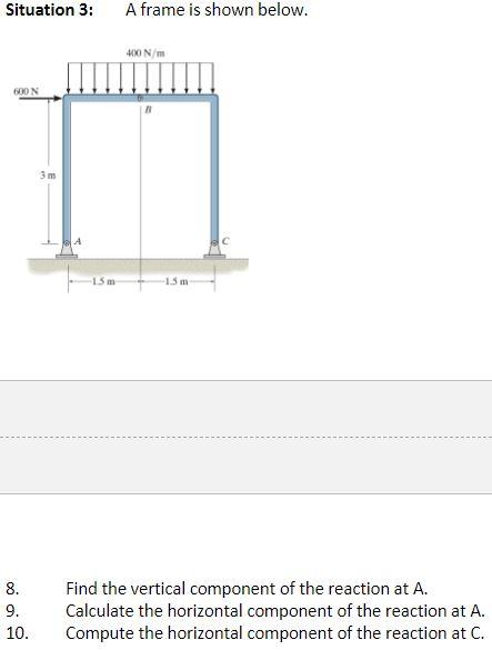 Situation 3 600 N 8 9 10 3m A Frame Is Shown Below 400 N M 15 M 1 5 M Find The Vertical Component Of The Reaction A 1