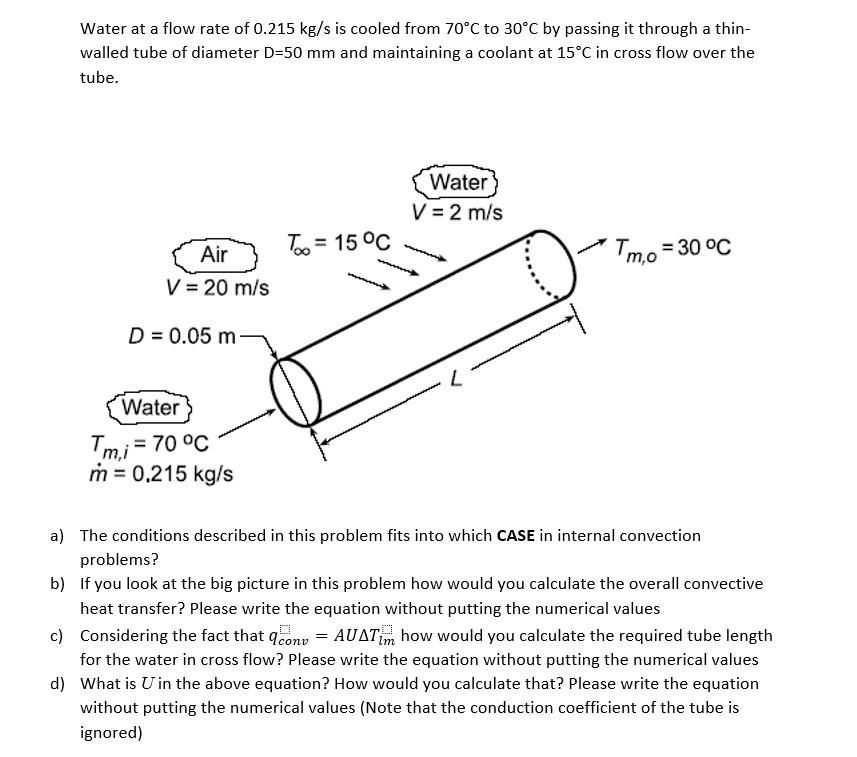 Water At A Flow Rate Of 0 215 Kg S Is Cooled From 70 C To 30 C By Passing It Through A Thin Walled Tube Of Diameter D 5 1