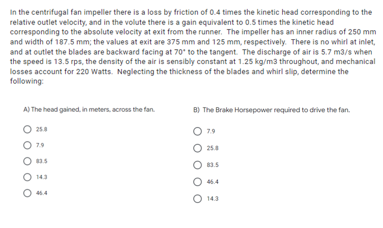 In The Centrifugal Fan Impeller There Is A Loss By Friction Of 0 4 Times The Kinetic Head Corresponding To The Relative 1