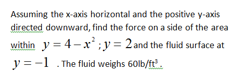 Assuming The X Axis Horizontal And The Positive Y Axis Directed Downward Find The Force On A Side Of The Area Within Y 1