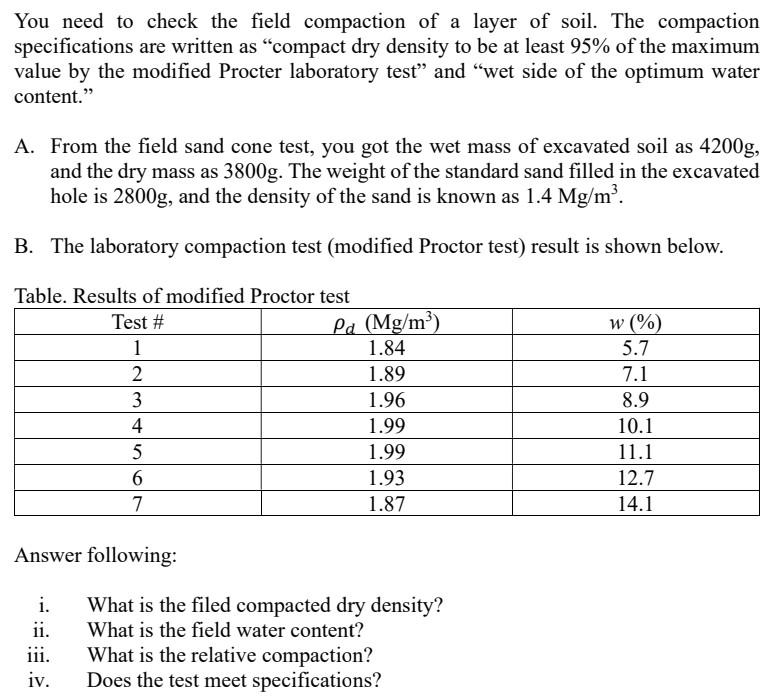 You Need To Check The Field Compaction Of A Layer Of Soil The Compaction Specifications Are Written As Compact Dry Den 1