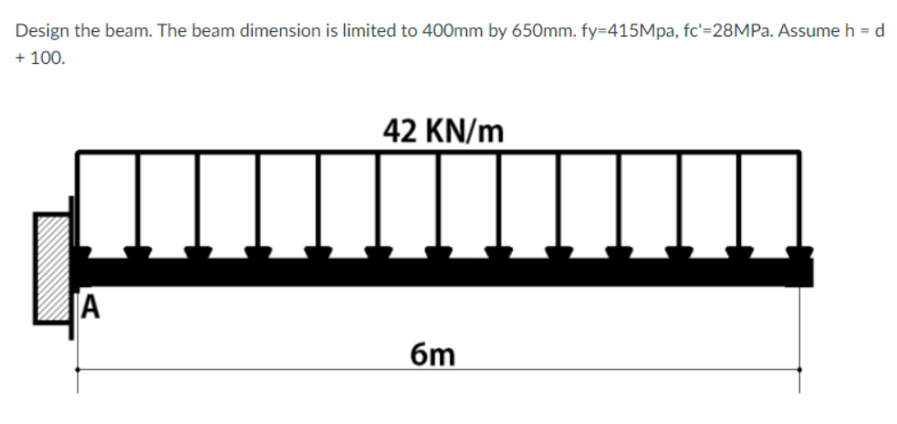 Design The Beam The Beam Dimension Is Limited To 400mm By 650mm Fy 415mpa Fc 28mpa Assume H D 100 42 Kn M A 6m 1