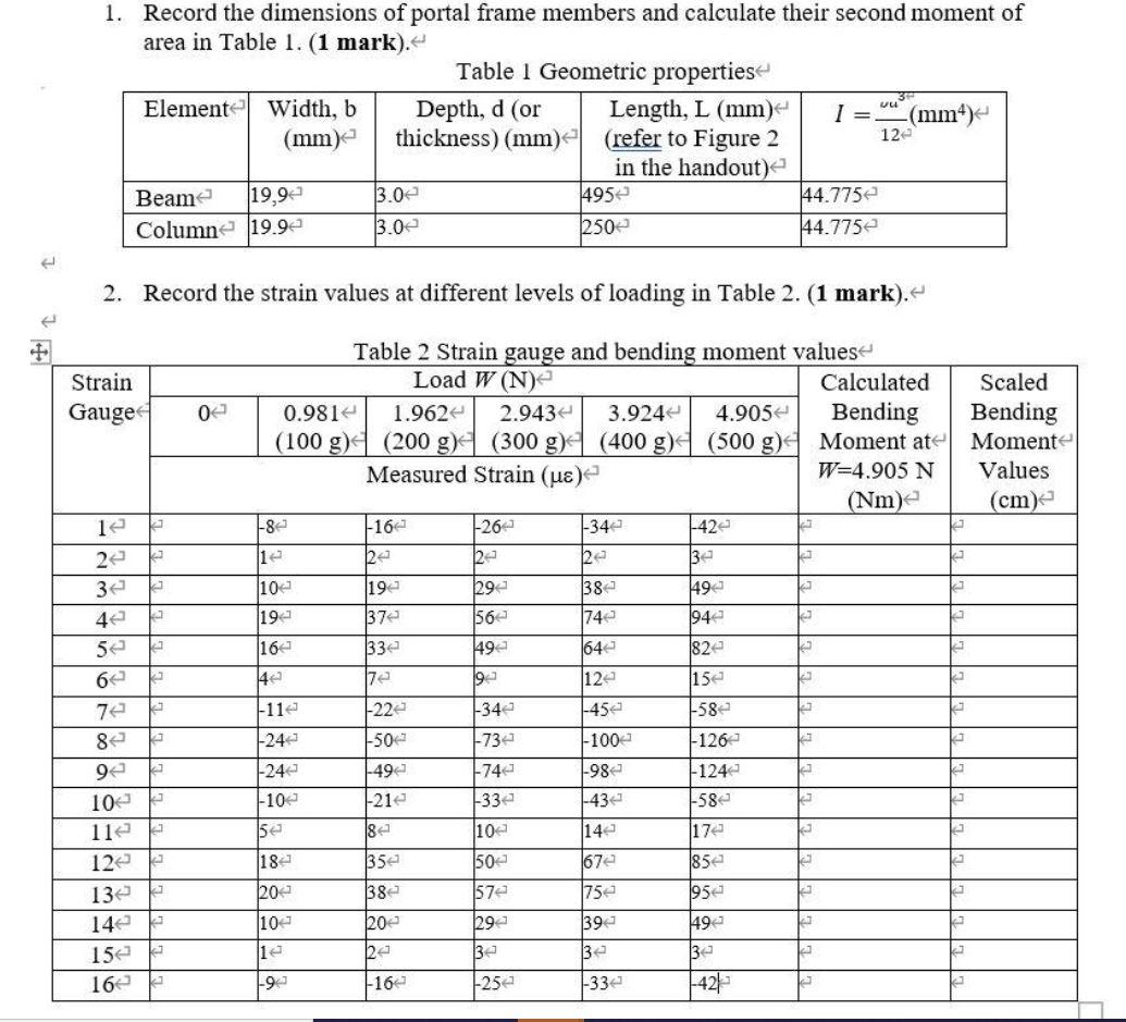 1 Record The Dimensions Of Portal Frame Members And Calculate Their Second Moment Of Area In Table 1 1 Mark Table 1