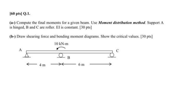 60 Pts Q 1 A Compute The Final Moments For A Given Beam Use Moment Distribution Method Support A Is Hinged B An 1