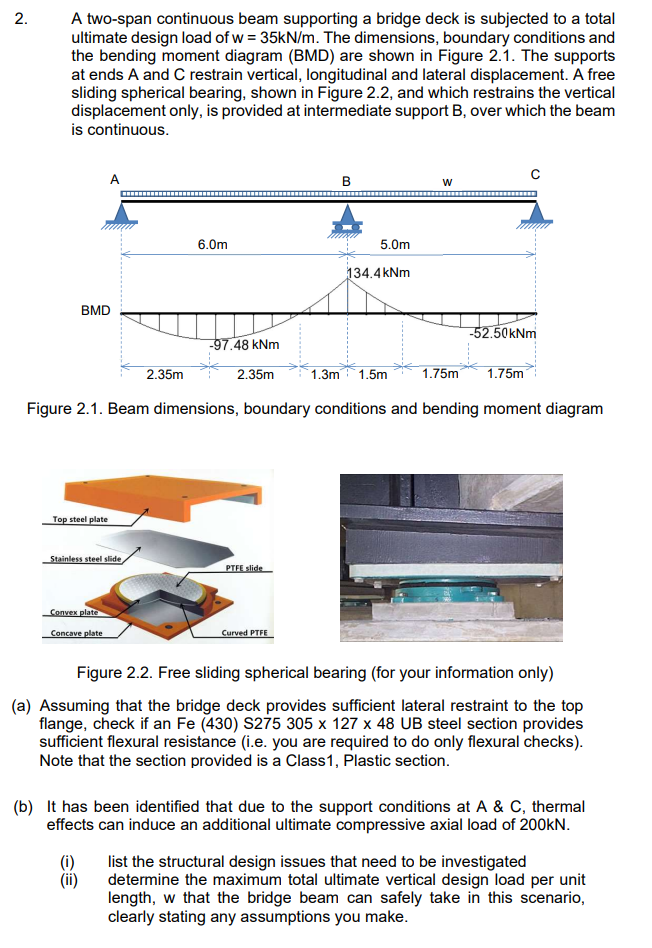 2 A Two Span Continuous Beam Supporting A Bridge Deck Is Subjected To A Total Ultimate Design Load Of W 35kn M The D 1