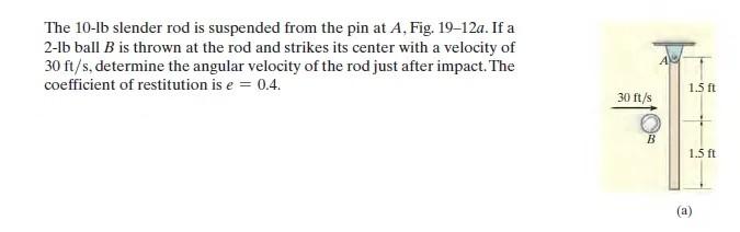 The 10 Lb Slender Rod Is Suspended From The Pin At A Fig 19 12a If A 2 Lb Ball B Is Thrown At The Rod And Strikes Its 1