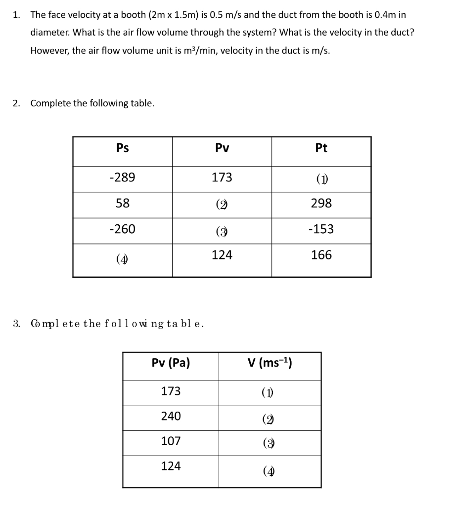 1 The Face Velocity At A Booth 2m X 1 5m Is 0 5 M S And The Duct From The Booth Is 0 4m In Diameter What Is The Air 1