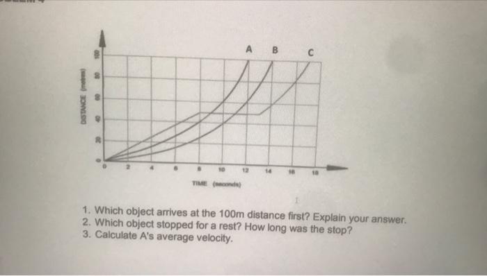 A B 10 12 14 Time Seconds 1 Which Object Arrives At The 100m Distance First Explain Your Answer 2 Which Object Sto 1