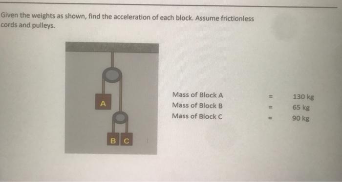 Given The Weights As Shown Find The Acceleration Of Each Block Assume Frictionless Cords And Pulleys A Mass Of Block 1
