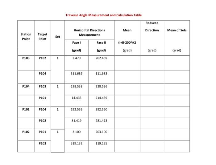 Station Target Point Point P103 P102 P104 P104 P103 P101 P101 P104 P102 P102 P101 P103 Set 1 1 1 1 Traverse Angle Measur 1