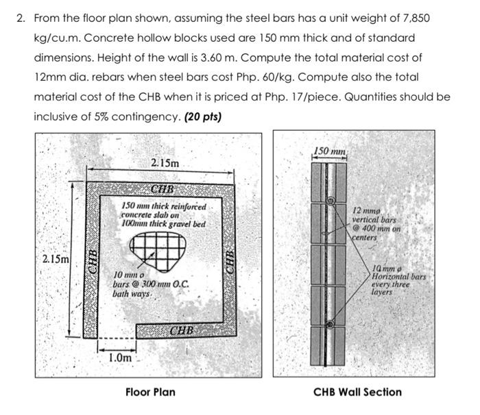 2 From The Floor Plan Shown Assuming The Steel Bars Has A Unit Weight Of 7 850 Kg Cu M Concrete Hollow Blocks Used Ar 1