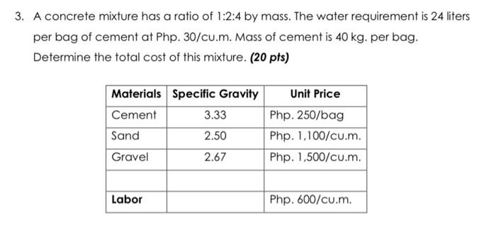 3 A Concrete Mixture Has A Ratio Of 1 2 4 By Mass The Water Requirement Is 24 Liters Per Bag Of Cement At Php 30 Cu M 2
