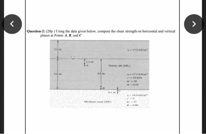 Question 2 20p Using The Data Given Below Compute The Shear Strength On Horizontal And Vertical Planes At Points A 1