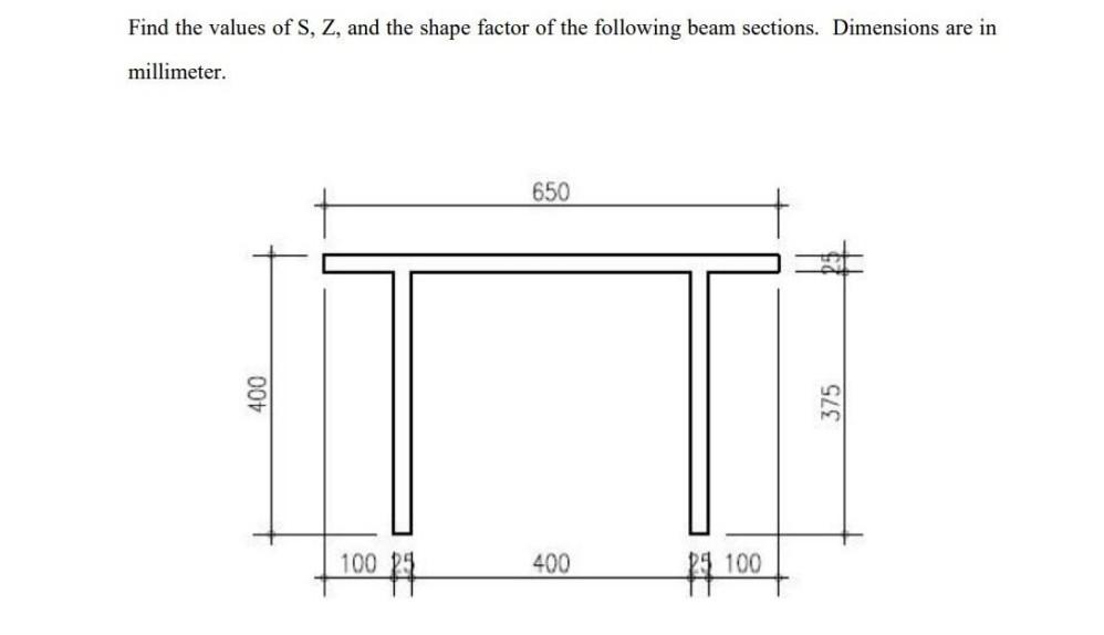 Find The Values Of S Z And The Shape Factor Of The Following Beam Sections Dimensions Are In Millimeter 650 400 400 1