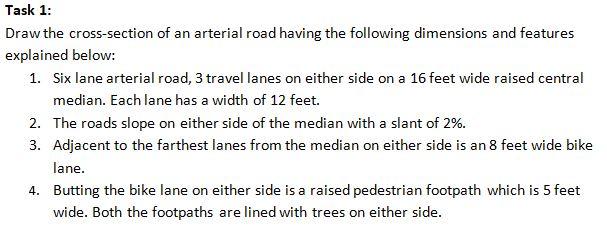 Task 1 Draw The Cross Section Of An Arterial Road Having The Following Dimensions And Features Explained Below 1 Six 1