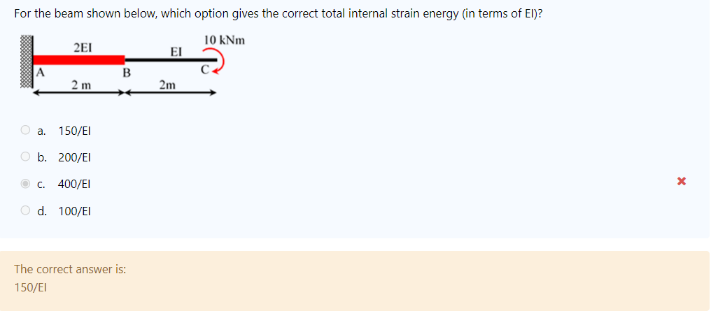 For The Beam Shown Below Which Option Gives The Correct Total Internal Strain Energy In Terms Of Ei 1