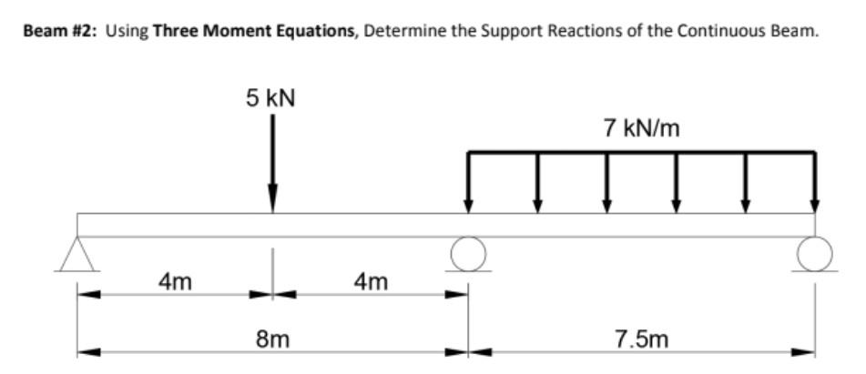 Beam 2 Using Three Moment Equations Determine The Support Reactions Of The Continuous Beam 5 Kn 7 Kn M 7 5m 4m 8m 4m 1