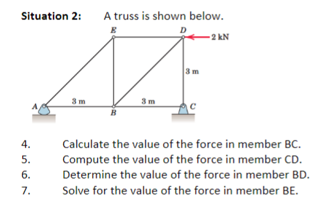 Situation 2 A Truss Is Shown Below E 2 Kn 3m 3 M 3m B Calculate The Value Of The Force In Member Bc Compute The Valu 1