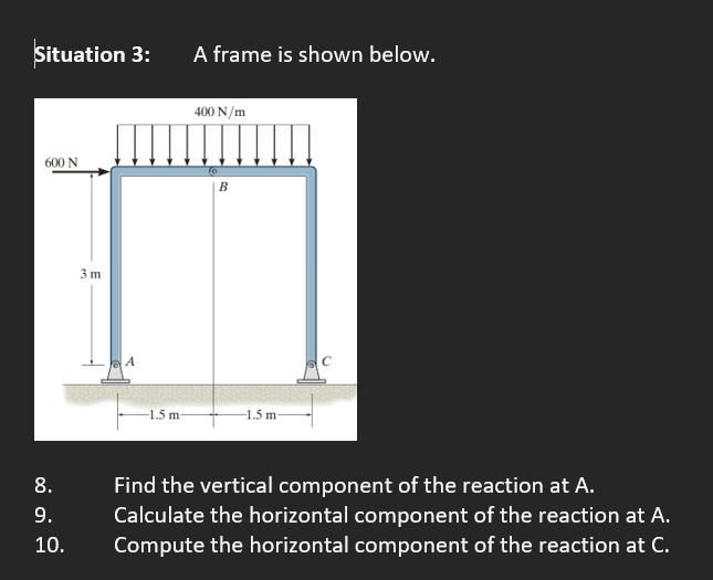 Situation 3 600 N 8 9 10 3 M A Frame Is Shown Below 400 N M O B 1 5 M 1 5 M Find The Vertical Component Of The 1