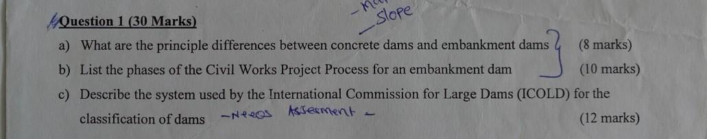 Question 1 30 Marks Slope A What Are The Principle Differences Between Concrete Dams And Embankment Dams B List The 1