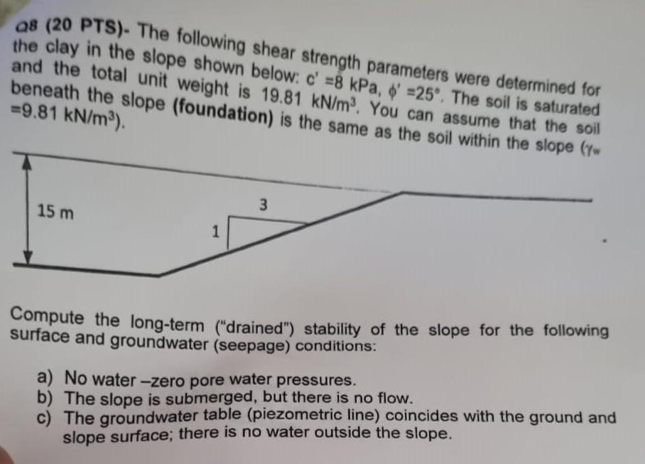 As 20 Pts The Following Shear Strength Parameters Were Determined For The Clay In The Slope Shown Below C 8 Kpa 1