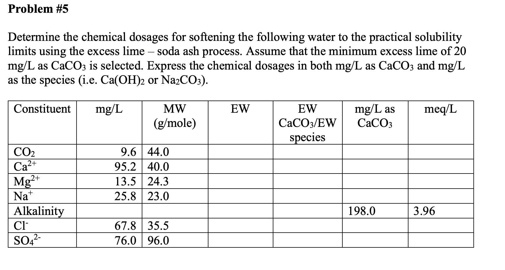 Determine The Chemical Dosages For Softening The Following Water To The Practical Solubility Limits Using The Excess Lim 1