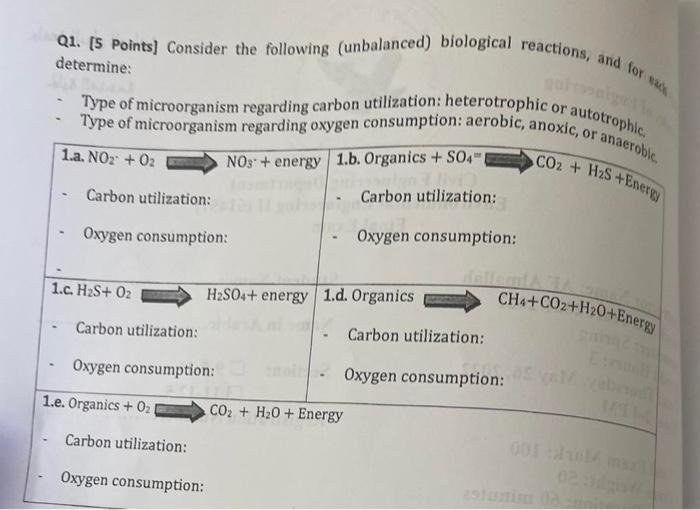 Q1 5 Points Consider The Following Unbalanced Biological Reactions And For Each Determine Type Of Microorganism R 1