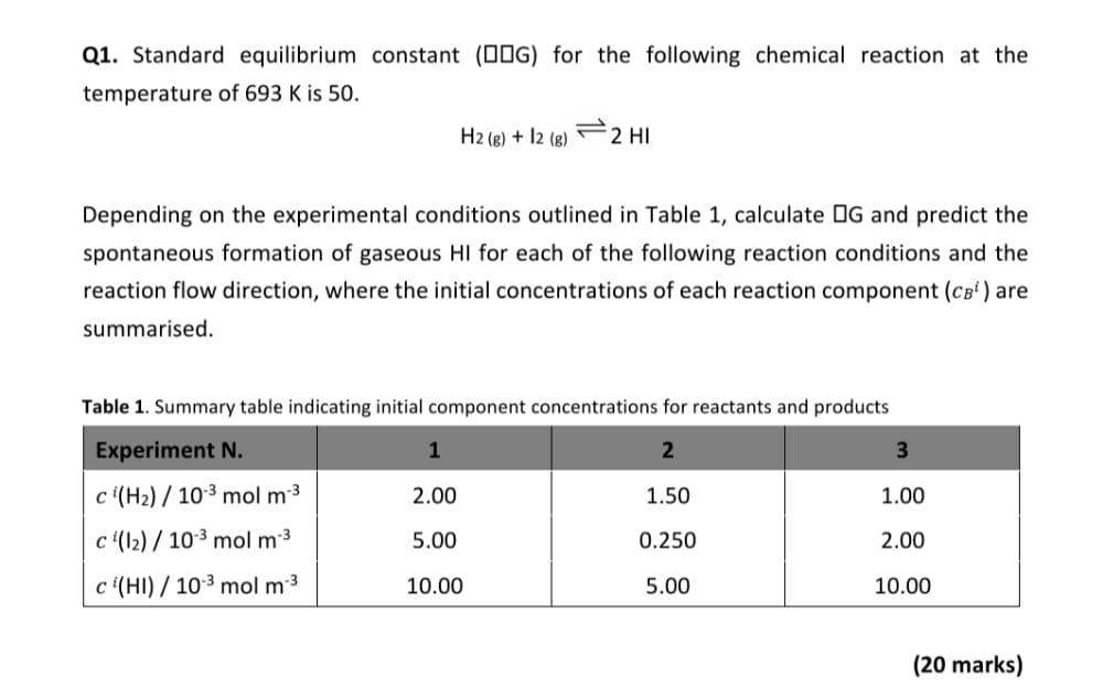 Q1 Standard Equilibrium Constant Dog For The Following Chemical Reaction At The Temperature Of 693 K Is 50 H2 G 1 1