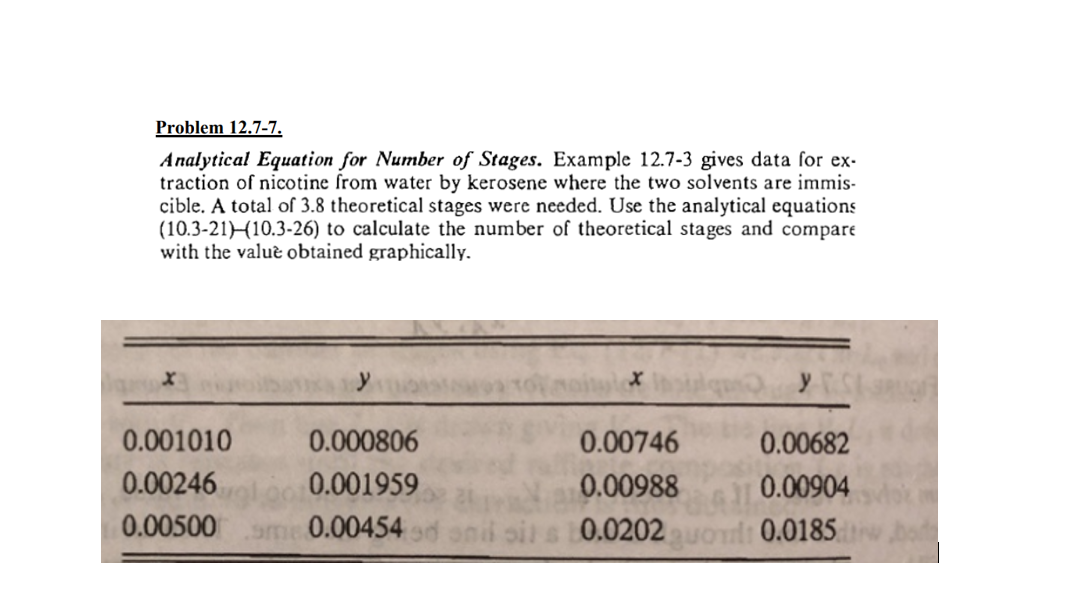Problem 12 7 7 Analytical Equation For Number Of Stages Example 12 7 3 Gives Data For Ex Traction Of Nicotine From Wa 1