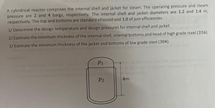 A Cylindrical Reactor Comprises The Internal Shell And Jacket For Steam The Operating Pressure And Steam Pressure Are 2 1