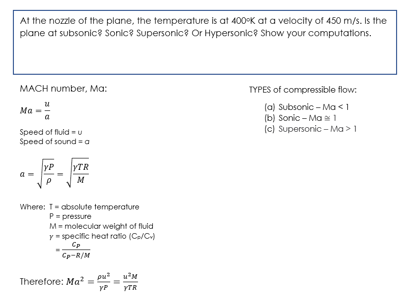At The Nozzle Of The Plane The Temperature Is At 400 K At A Velocity Of 450 M S Is The Plane At Subsonic Sonic Super 1
