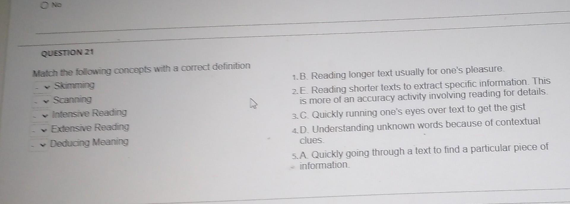 Ond Question 21 Match The Following Concepts With A Correct Definition Skimming Scanning Intensive Reading Extensive Rea 1