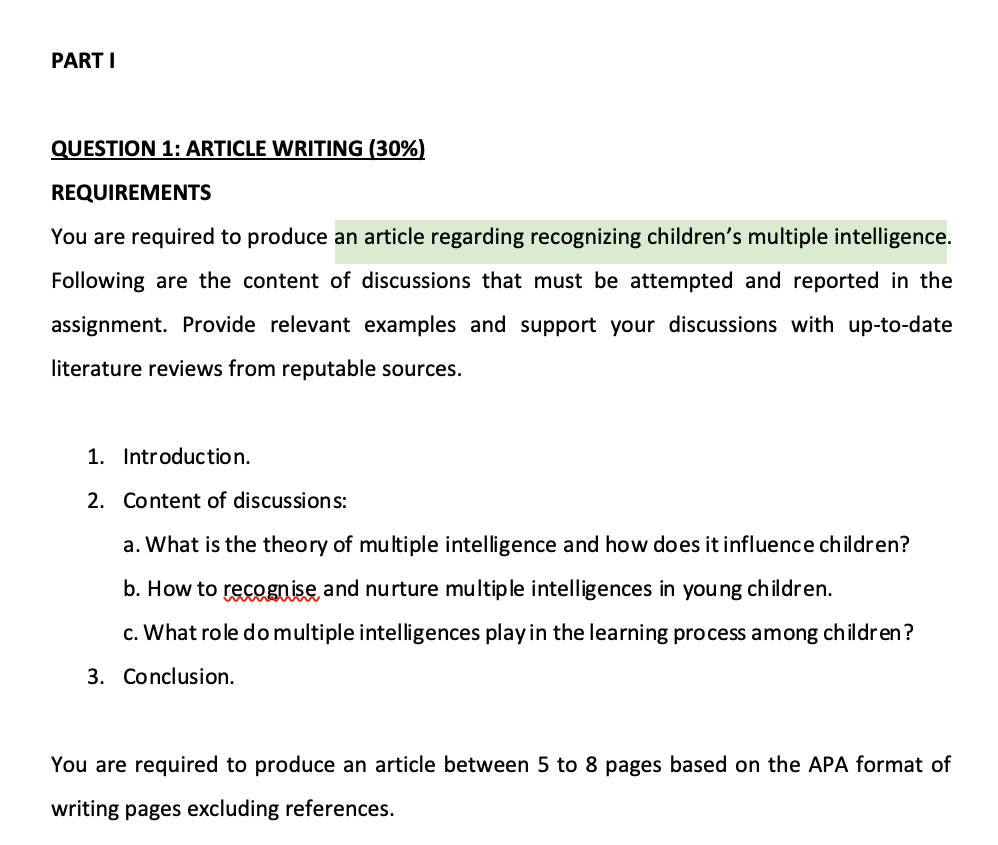 Part I Question 1 Article Writing 30 Requirements You Are Required To Produce An Article Regarding Recognizing Child 1