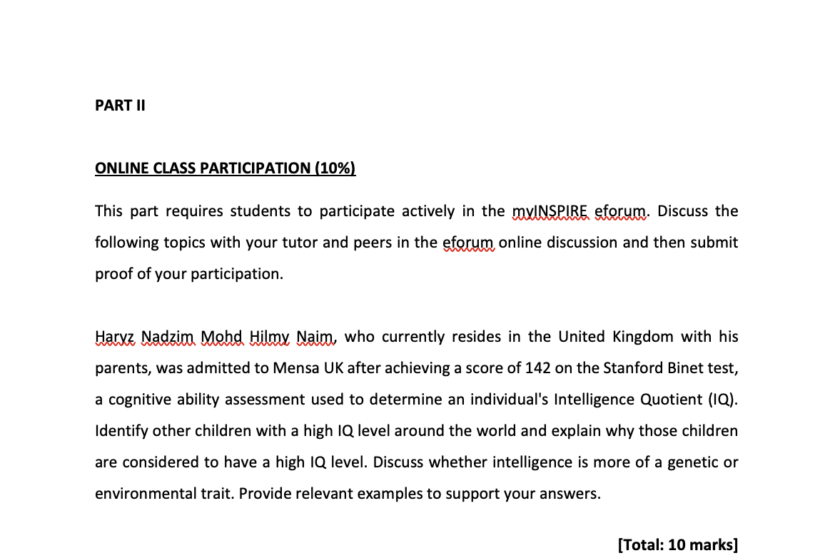 Part Ii Online Class Participation 10 This Part Requires Students To Participate Actively In The Myinspire Eforum Di 1