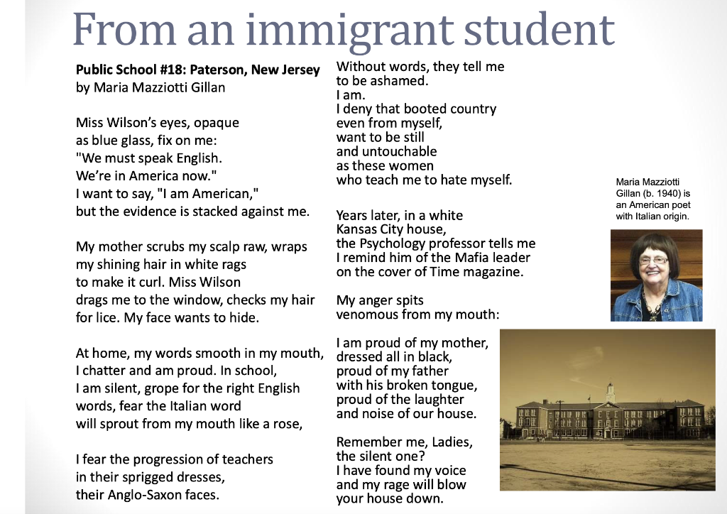 From An Immigrant Student Public School 18 Paterson New Jersey Without Words They Tell Me By Maria Mazziotti Gillan 1
