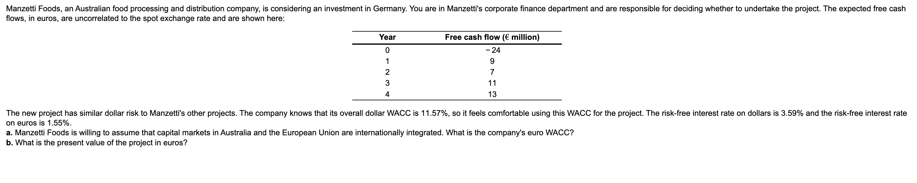 Manzetti Foods An Australian Food Processing And Distribution Company Is Considering An Investment In Germany You Are 1