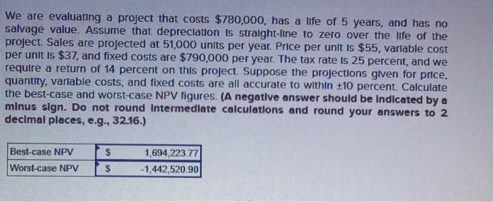 We Are Evaluating A Project That Costs 780 000 Has A Life Of 5 Years And Has No Salvage Value Assume That Depreciati 1