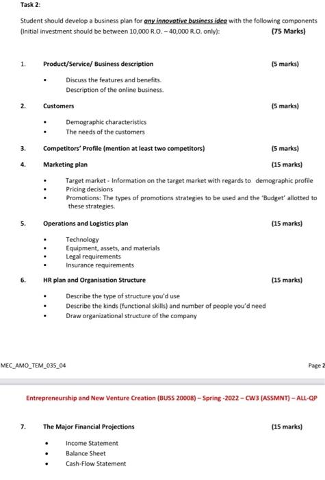 Task 2 Student Should Develop A Business Plan For Any Innovative Business Idea With The Following Components Initial I 1