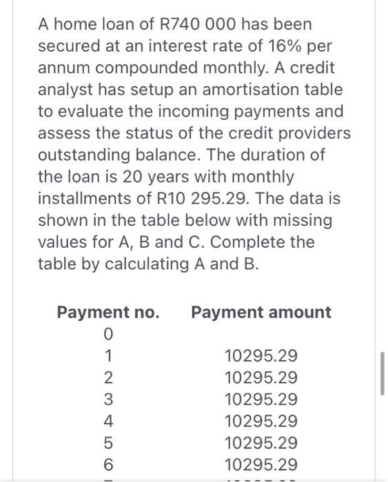 A Home Loan Of R740 000 Has Been Secured At An Interest Rate Of 16 Per Annum Compounded Monthly A Credit Analyst Has S 1