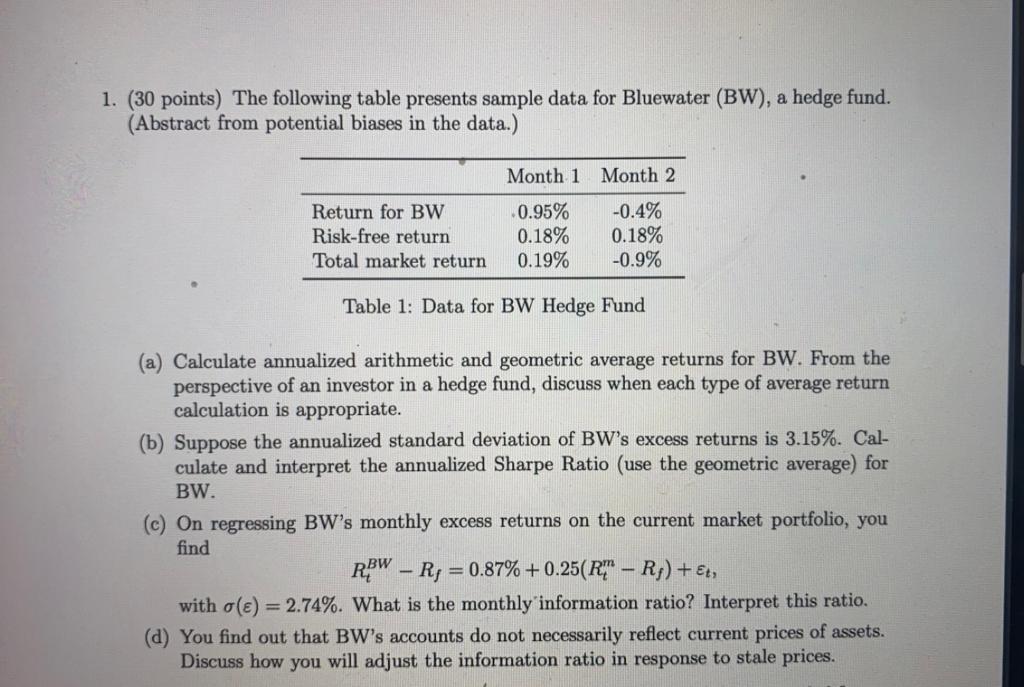1 30 Points The Following Table Presents Sample Data For Bluewater Bw A Hedge Fund Abstract From Potential Biase 1