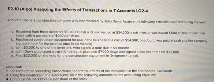 E2 10 Algo Analyzing The Effects Of Transactions In T Accounts Lo2 4 Accurate Builders Construction Company Was Incorp 1