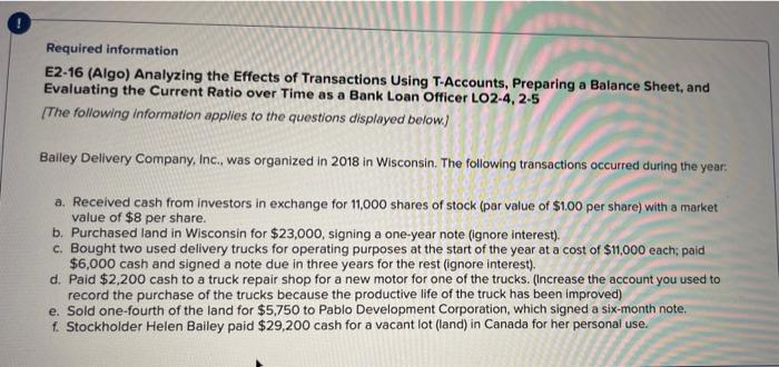 Required Information E2 16 Algo Analyzing The Effects Of Transactions Using T Accounts Preparing A Balance Sheet And 1